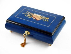 Impressive Royal Blue Instrument and Floral Wood Inlay 36 Note Musical Jewelry Box - Many Songs to Choose - Four Seasons (Spring)