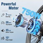 Jasion 750 W Peak Motor Electric Bike for Adults, 480 WH Removable Battery, Up to 20 MPH & 45 Miles, E Bike Bicycles for Commuting and Travel 27.5 Inch Tires