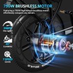 OUXI V8 Electric Bike Adults, Electric Mountain Bike with 750W Motor 48V 15Ah Removable Larger Battery 31MPH 20'' Fat Tire E Bike Shi-Mano 7-Speed Adult Electric Bicycles (Black)