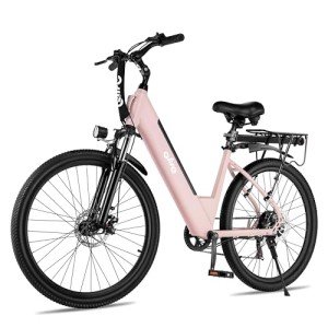 Qlife Cityone Electric Bike for Adults 26" Step-Through 22MPH Ebike with 2.1" Tire,UL2849 Certified Built-in Removable Battery,Peak 750W Motor Ebikes with 7 Speed,Commuter E Bicycle, Pink w/F Basket
