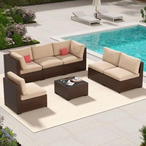 LHBcraft 7-Piece Outdoor Sectional Sofa Set with Beige Cushions