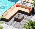 LHBcraft 7-Piece Outdoor Sectional Sofa Set with Beige Cushions