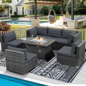 Luxury PE Wicker Patio Furniture Set with Fire Pit