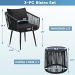 Kromax 3-Piece Patio Rattan Bistro Set, Black