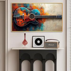 Guitar Canvas Wall Art, Colorful Abstract Guitar Picture Poster, Guitar Oil Painting Print on Canvas, Modern Musical Instrument Artwork, Rock Music Art Ready to Hang (Gold Framed, 69x39in|174x98cm)