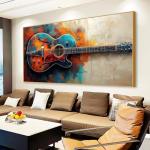 Guitar Canvas Wall Art, Colorful Abstract Guitar Picture Poster, Guitar Oil Painting Print on Canvas, Modern Musical Instrument Artwork, Rock Music Art Ready to Hang (Gold Framed, 69x39in|174x98cm)
