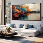 Guitar Canvas Wall Art, Colorful Abstract Guitar Picture Poster, Guitar Oil Painting Print on Canvas, Modern Musical Instrument Artwork, Rock Music Art Ready to Hang (Gold Framed, 69x39in|174x98cm)