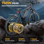 AOVOPRO 26" Electric Bike for Adults w/Peak 750W Brushless Motor, 40Miles 22MPH