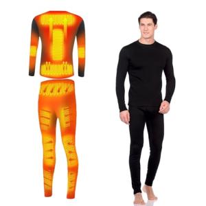 Foern Electric Heated Underwear Set Fleece Lined Thermal Body Suit Men Winter Motorcycle Top Pants (Black, M)