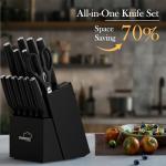 15-Piece Kitchen Knife Set with Built-in Sharpener Block, Elegant Black
