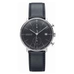 Junghans Max Bill Chronoscope Mens Automatic Chronograph Watch - 40mm Analog Black Face with Luminous Hands and Date - Stainless Steel Black Leather Band Luxury Watch Made in Germany 027/4601.00
