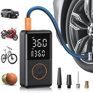 NUSTE Tire Inflator Portable Air Compressor - 150PSI Electric Bike Pump, Auto Shut Off & Digital Pressure Gauge, Cordless Air Pump for Car Tires, Motorcycles, Balls with LED Light