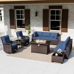 11pc Patio Furniture Set with Fire Pit & Swivel Chairs