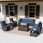 11pc Patio Furniture Set with Fire Pit & Swivel Chairs