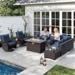 11pc Patio Furniture Set with Fire Pit & Swivel Chairs