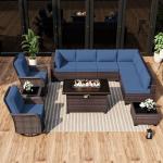 11pc Patio Furniture Set with Fire Pit & Swivel Chairs