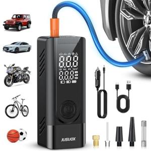 JUSUOX Tire Inflator Portable Air Compressor, 150PSI Cordless Air Pump for Car Tires, Battery & 12V DC Dual Power Electric Bike Tire Pump with Digital Pressure Gauge, LED Light, for Motorcycle, Ball