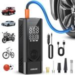 JUSUOX Tire Inflator Portable Air Compressor, 150PSI Cordless Air Pump for Car Tires, Battery & 12V DC Dual Power Electric Bike Tire Pump with Digital Pressure Gauge, LED Light, for Motorcycle, Ball
