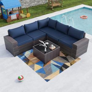 Kullavik 6PCS Outdoor Patio Sectional Sofa Set, Navy Blue