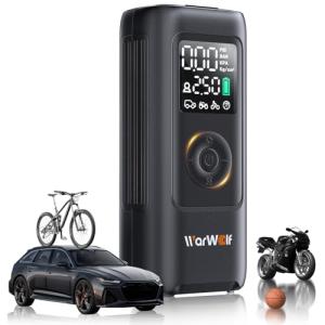 WARWOLF 160PSI Tire Inflator Portable Air Compressor - Electric Air Pump for Car Tires: SUV, Light Truck, Motorcycle, Bike, with Auto Shut-Off, Digital Gauge, 12V Car Adapter, LED Light