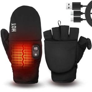 Rechargeable Electric Heated Gloves for Women Men, Flip Top Fingerless Heated Gloves, Full & Half Hand Heating Touchscreen Unisex Gloves for Cold Weather Work Skiing Cycling Snow Outdoor