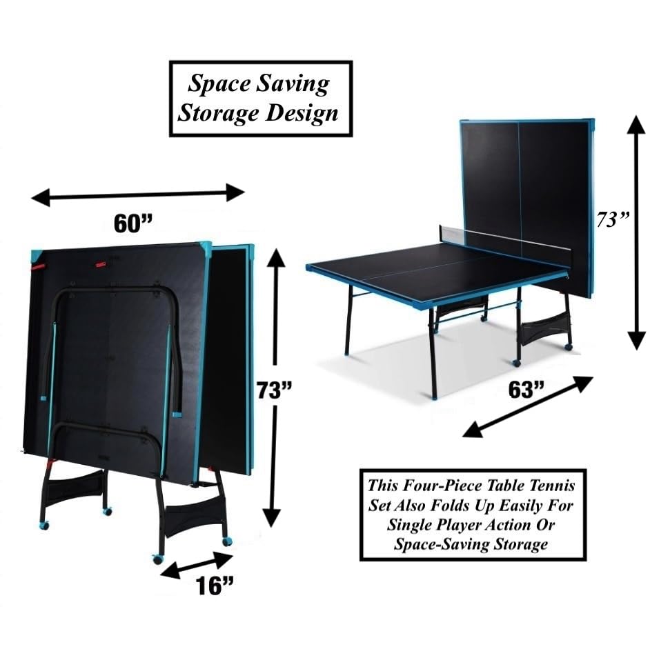 Black Blue Folding Table Tennis Set with Accessories & Wheels