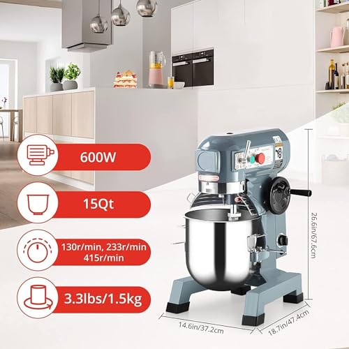 15Qt Heavy Duty Commercial Stand Mixer with 3 Speeds
