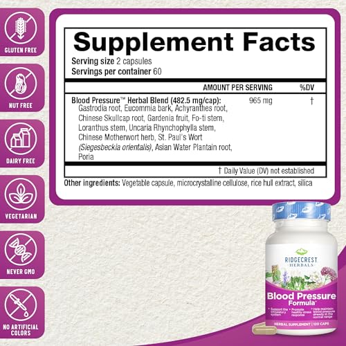 RidgeCrest Herbals Blood Pressure Herbal Formula, 12 Herbs, Poria Mushroom, Gastrodia, Gardenia, for Heart, Vascular, Circulation Health (120 Count)
