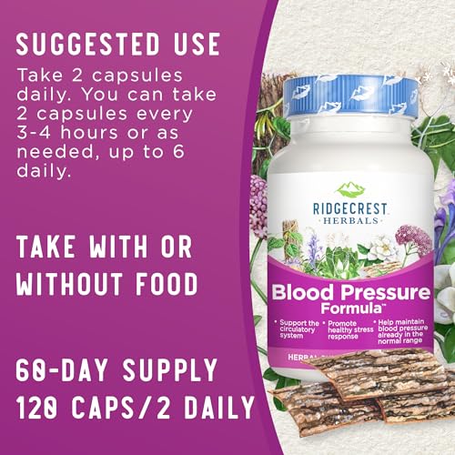 RidgeCrest Herbals Blood Pressure Herbal Formula, 12 Herbs, Poria Mushroom, Gastrodia, Gardenia, for Heart, Vascular, Circulation Health (120 Count)