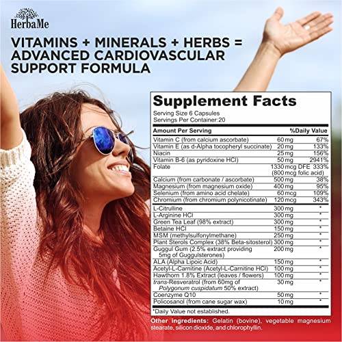 HerbaMe Heart Support and Blood Pressure Supplement, 120 Capsules, Promotes Cardiovascular Health, Healthy Cholesterol, Triglyceride, Homocysteine, CRP Levels | Natural Artery Cleanse and Protect