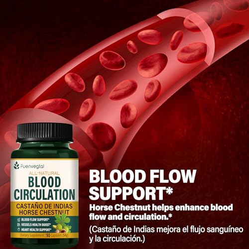 Fuenvegtal Horse Chestnut Blood Circulation Capsules, Castaño de Indias y Diosmina para la Circulacion, Nitric Oxide Supplement for Healthy Blood Flow, Blood Pressure. 90 Counts