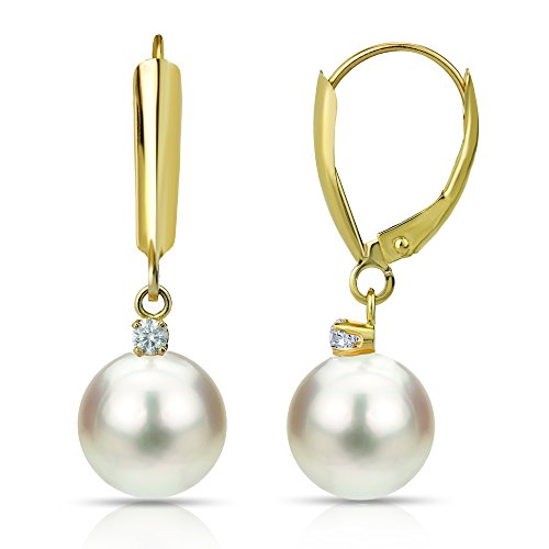 14K Yellow Gold Diamond & Pearl Dangle Earrings