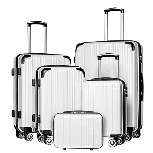 5 Piece PC+ABS Spinner Suitcase Set, White Grid