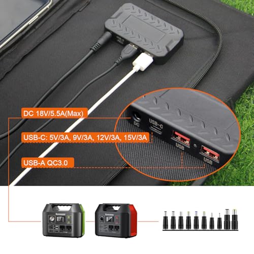 EnginStar 100W Foldable Solar Panel Charger with 18V DC Outlet for Portable Power Stations Jackery/Rockpals/Flashfish, Portable Solar Generator with USB-A USB-C QC 3.0 for Outdoor Camping Van RV Trip