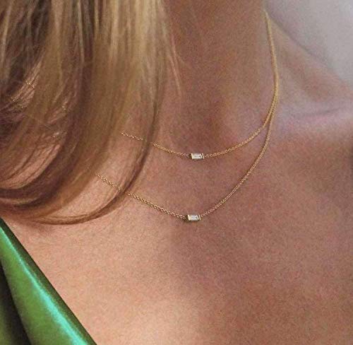 14k Gold Choker with Genuine Birthstone Baguette Gem