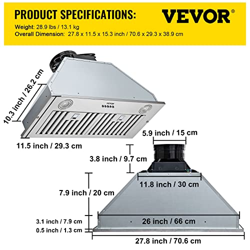 VEVOR Stainless Steel 30" Range Hood, 800CFM 3-Speed