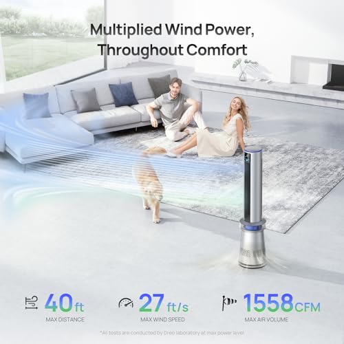 Smart Tower Fan, 45" Bladeless, 27ft/s Velocity, Alexa-Compatible