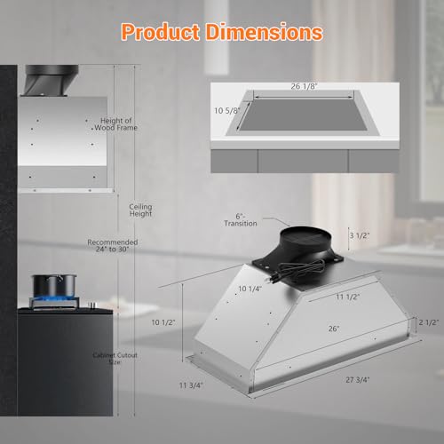 30" Insert Range Hood, 850 CFM Stainless Steel
