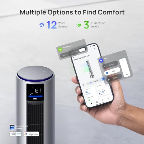 Smart Tower Fan, 45" Bladeless, 27ft/s Velocity, Alexa-Compatible