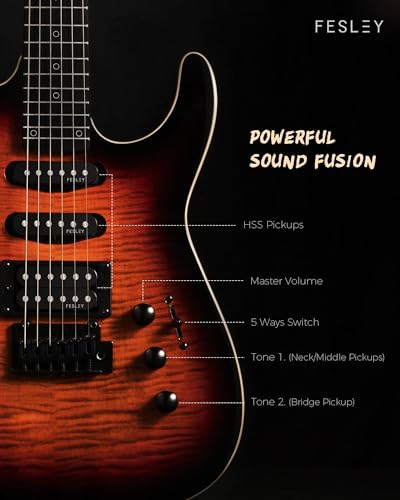 Fesley Electric Guitar Starter Kit, HSS Pickups, Sunburst