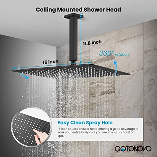 Matte Black 16" Ceiling Mount Shower System, Stainless Steel