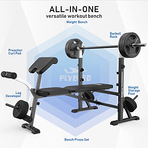 FLYBIRD Weight Bench with Curl Pad and Leg Developer