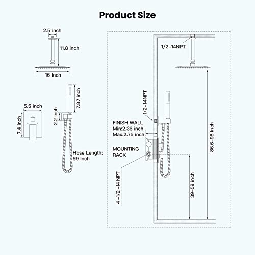 Matte Black 16" Ceiling Mount Shower System, Stainless Steel