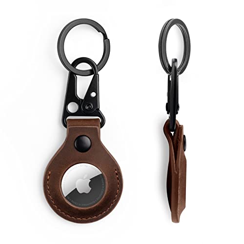 Dark Brown Leather Airtag Holder Case with Keychain