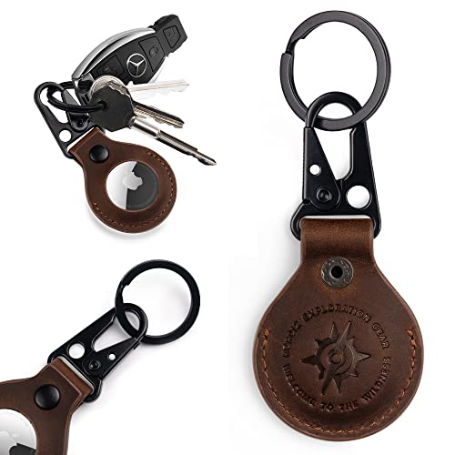Dark Brown Leather Airtag Holder Case with Keychain
