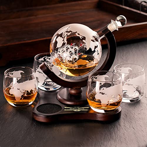 AMAVEL Whisky Set: Globe Decanter, Tray, Glasses, Compass Design