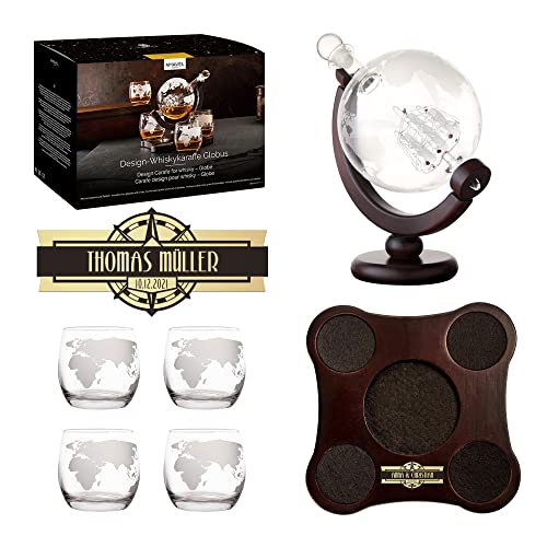 AMAVEL Whisky Set: Globe Decanter, Tray, Glasses, Compass Design