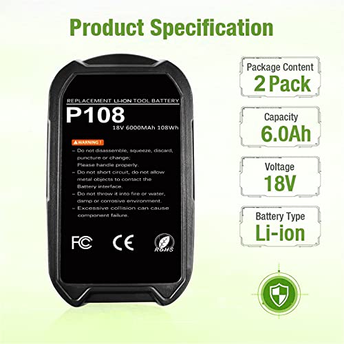 2 Pack 6.0Ah 18V P108 Battery for Ryobi