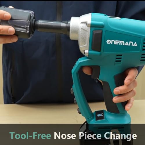 Electric Automatic Rivet Gun Tool, Brushless, Tool-free Nose Piece Change, Makita Compatible