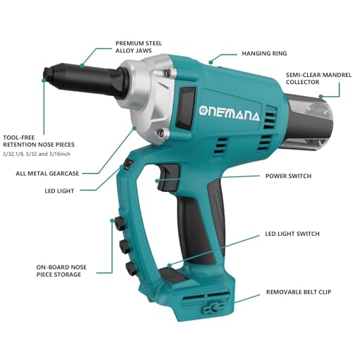 Electric Automatic Rivet Gun Tool, Brushless, Tool-free Nose Piece Change, Makita Compatible